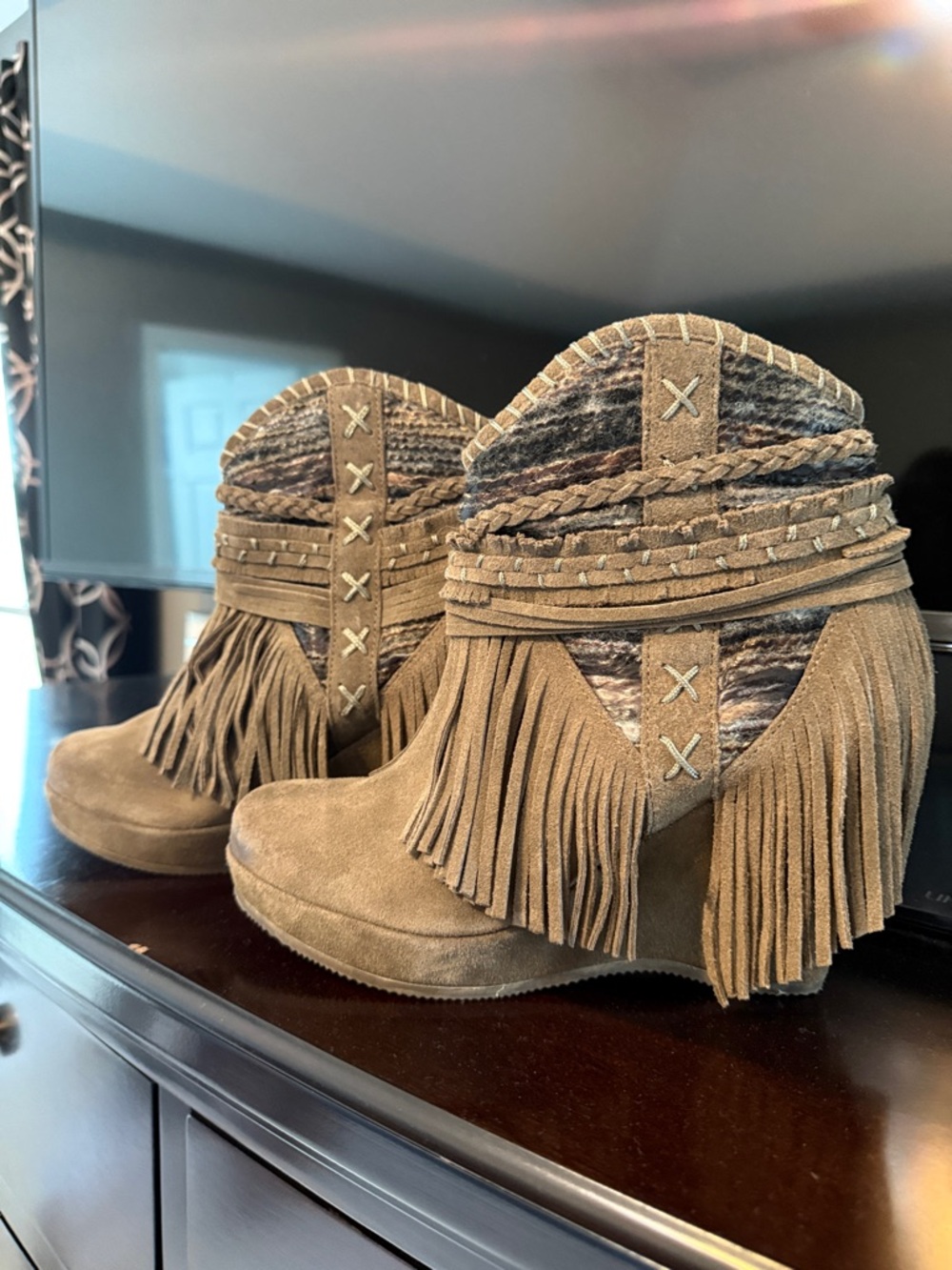 naughty monkey Tan Suede Fringe Wedge Booties